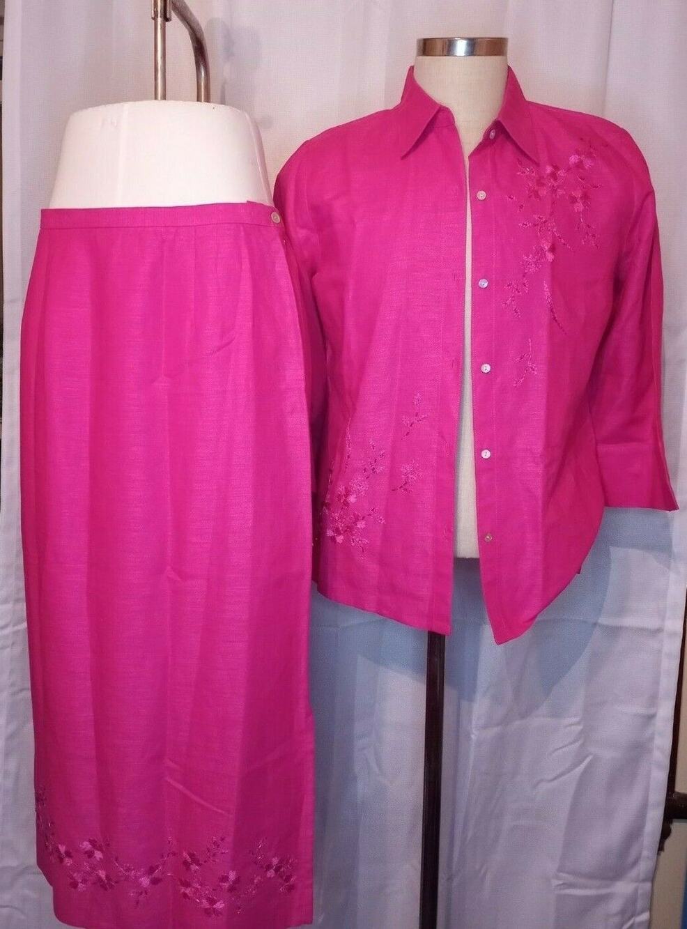 LAURA SCOTT PINK LINEN BL 3/4 SLEEVED EMBROIDERED/BEADED BLOUSE SIZE 14P